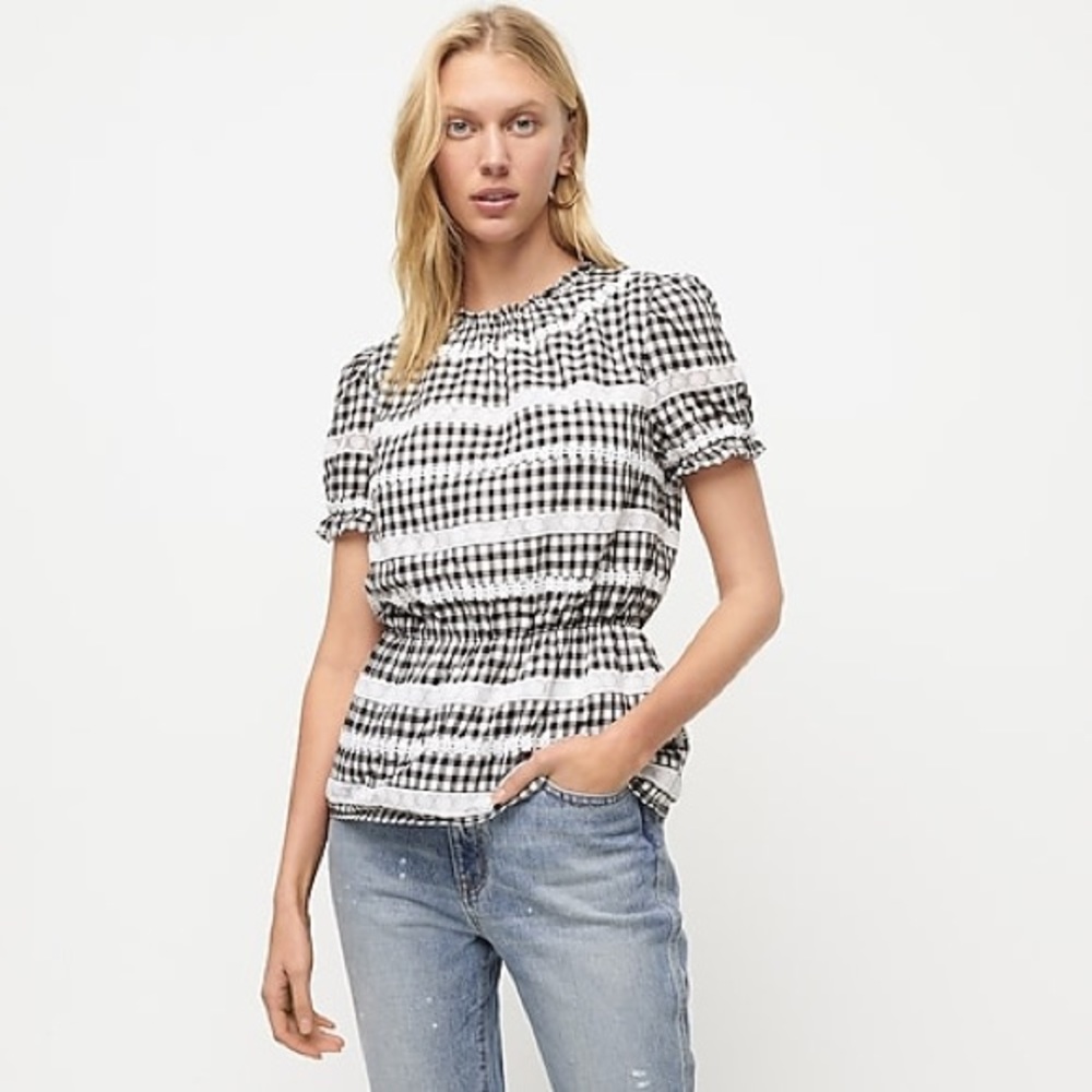 J.Crew Peplum Top in Black and White Gingham NWT